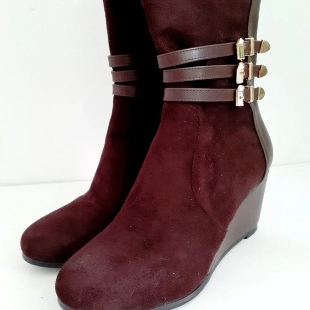 Vittorio D' Firenze Knee High Chestnut Faux Suede Leather FullZip Wedge Boots S6